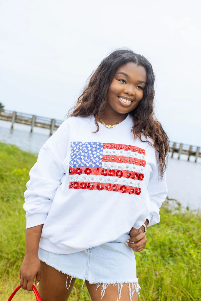 White Flower American Flag Sweatshirt - Eden Lifestyle