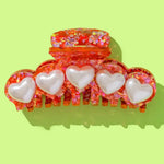 Claw Hair Clip - Red Confetti w/ Pearl Heart Beads