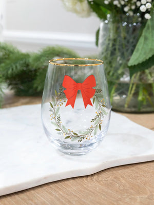 Stemless Wine Glass | Red Bow Wreath