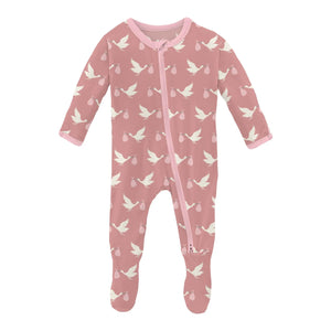 Kickee Pants Print Footie with 2 Way Zipper in Blush Stork - Eden Lifestyle