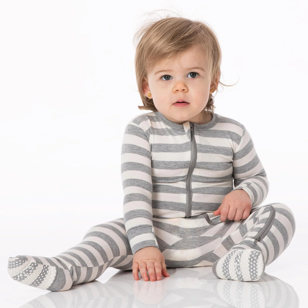 Kickee Pants Print Footie with 2 Way Zipper in Heathered Mist Sweet Stripe - Eden Lifestyle