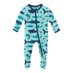 Kickee Pants Print Footie with 2 Way Zipper in Summer Sky Sharks - Eden Lifestyle