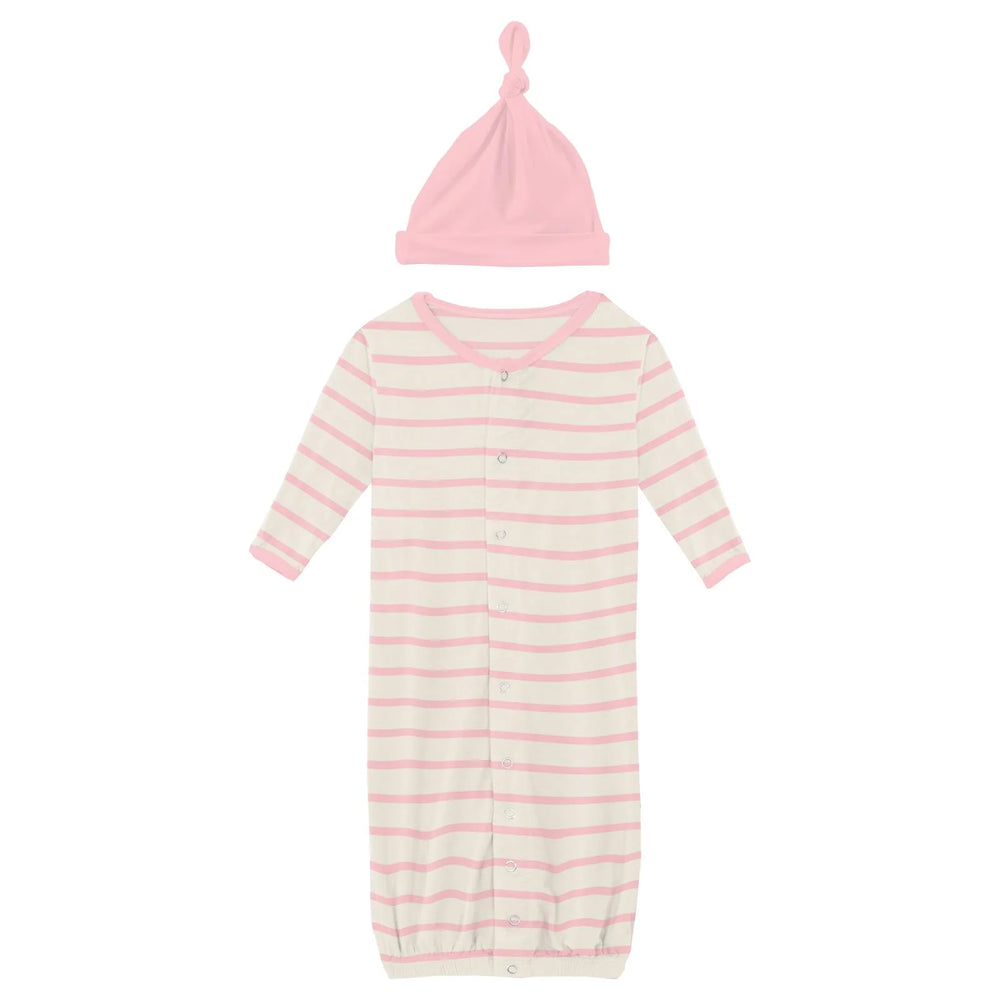 Kickee Pants Print Layette Gown Converter & Single Knot Hat Set in Lotus Sweet Stripe - Eden Lifestyle