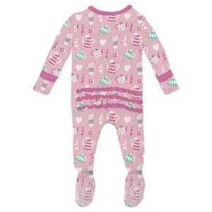 Kickee Pants Print Muffin Ruffle Footie with 2 Way Zipper in Cake Pop Tea Party - Eden Lifestyle