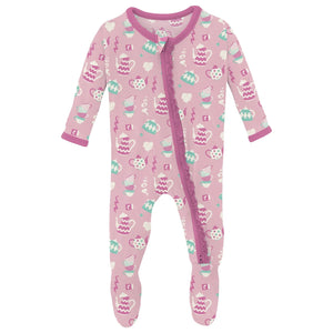 Kickee Pants Print Muffin Ruffle Footie with 2 Way Zipper in Cake Pop Tea Party - Eden Lifestyle