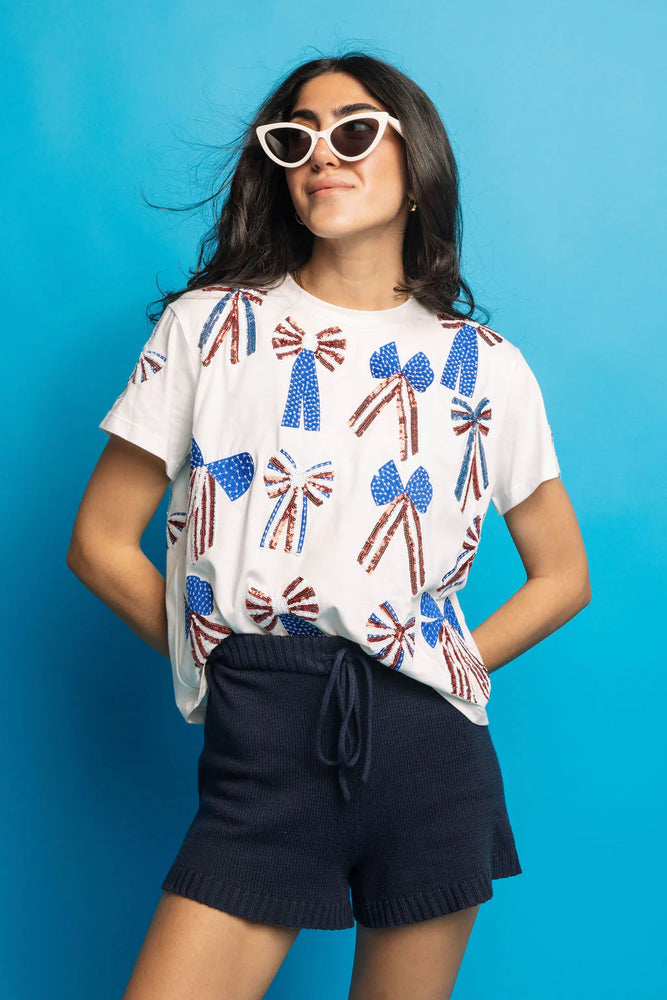 Queen of Sparkles White, Red, White & Blue Scattered Bow Tee - Eden Lifestyle