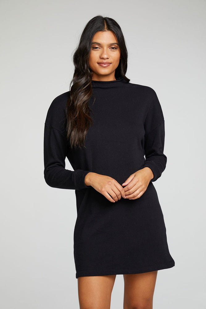 Chaser COTTON FLEECE LONG SLEEVE DROP SHOULDER MOCK NECK MINI DRESS - Eden Lifestyle